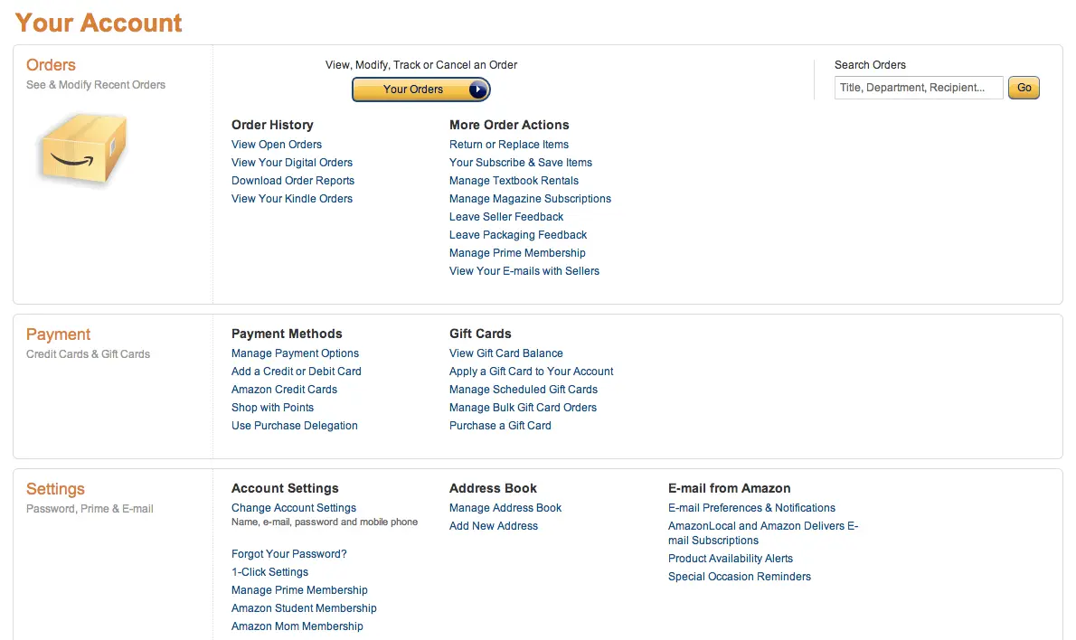 Amazon.com account screen
