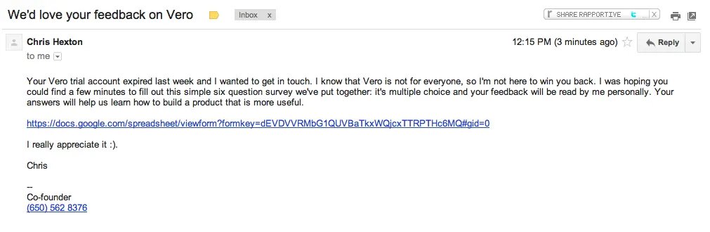 Vero feedback from customers email example