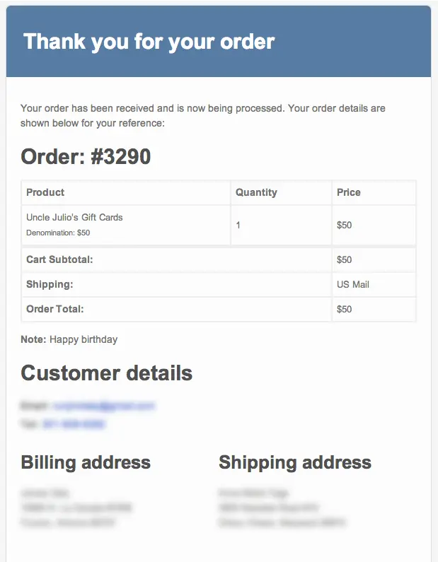 Uncle Julios email receipt