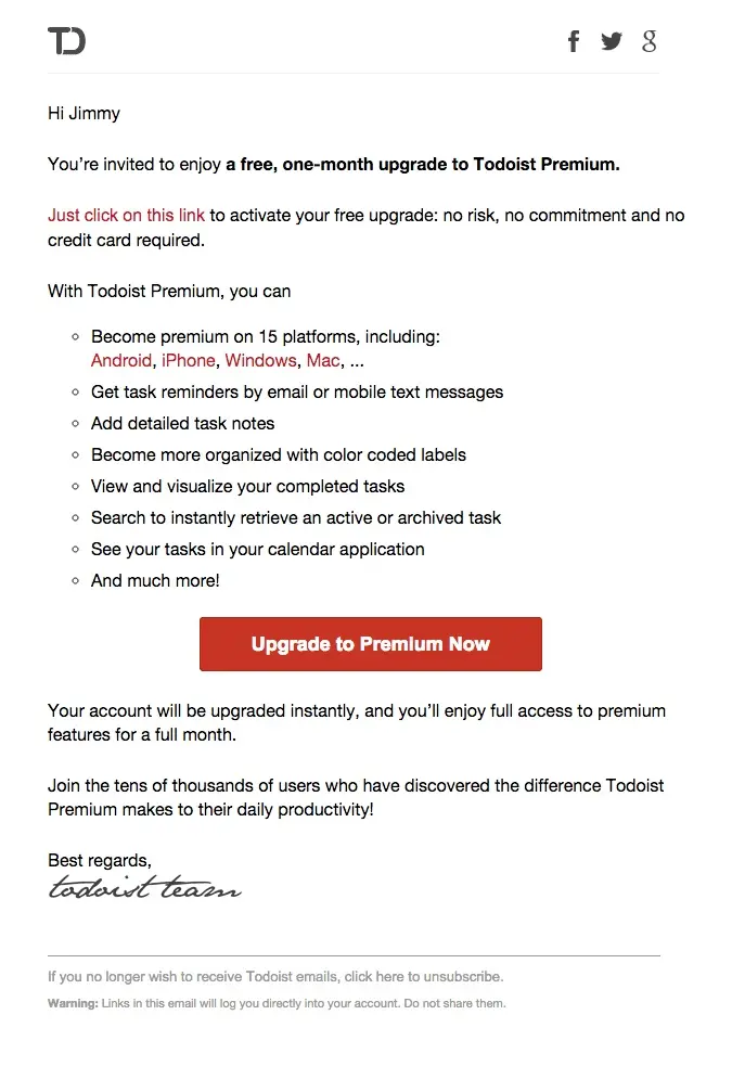 promotional email example todoist (upgrade email)