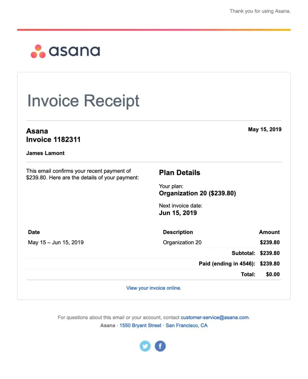 transactional emails invoice asana