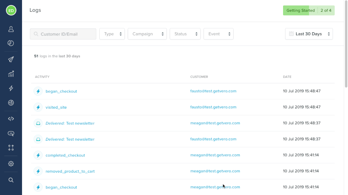 Vero customer activity Logs redesign