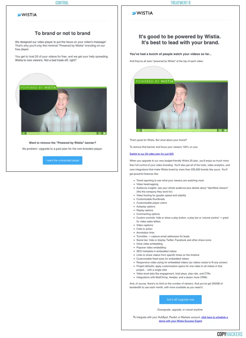 Wistia customer onboarding email A/B Test
