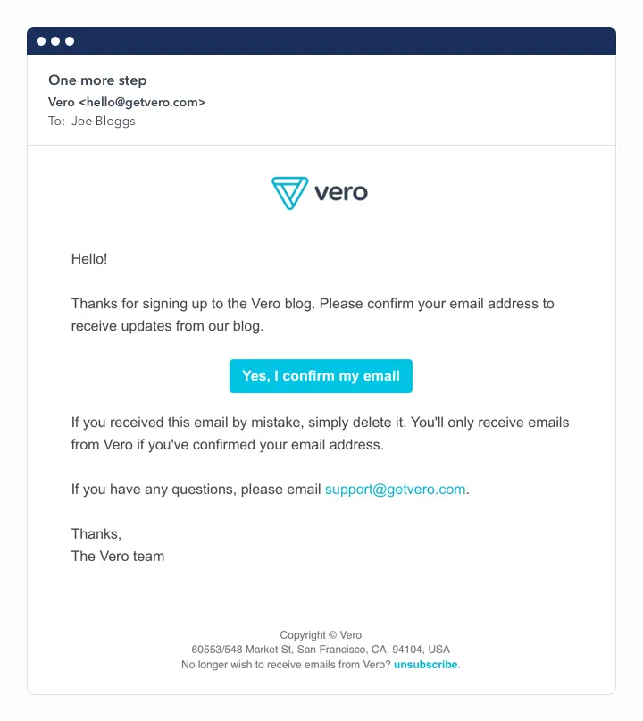 Vero double opt-in email example