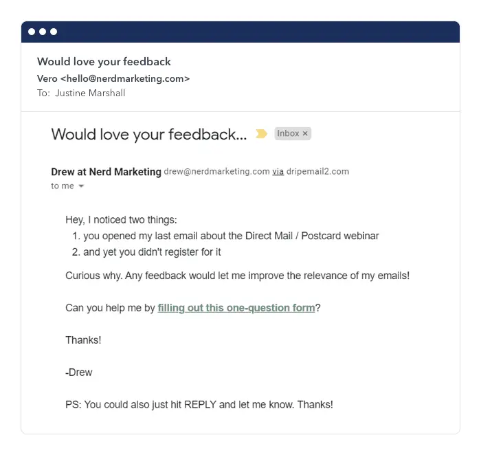 example customer feedback email