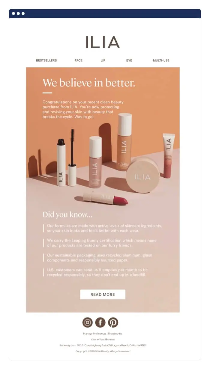 ILIA post-purchase email example