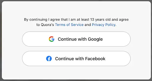 A screenshot of the Quora sign in forpopup