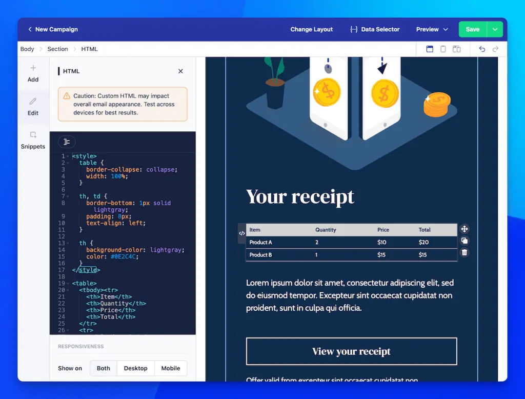 Add custom HTML to your drag and drop template