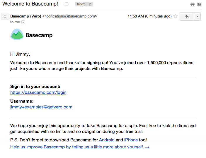 basecamp welcome email saas onboarding emails
