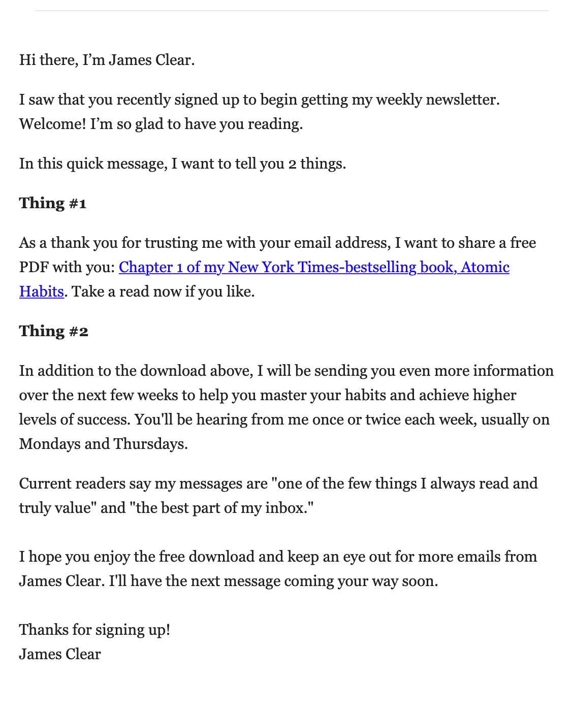 Onboarding email - James Clear welcome email