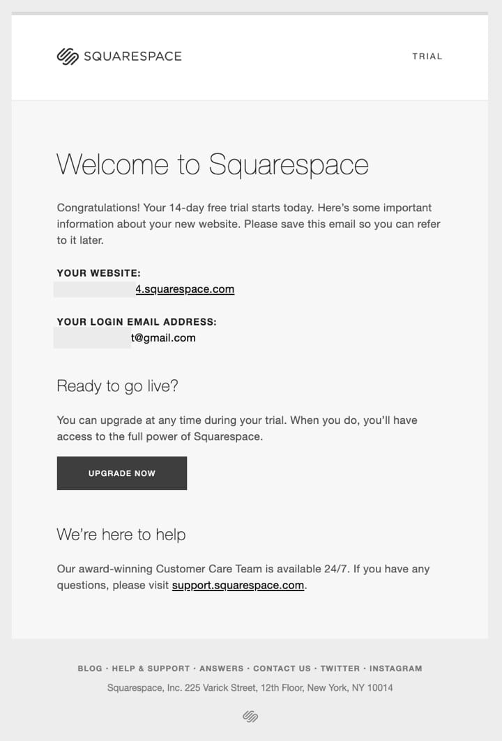 Onboarding email - welcome - squarespace