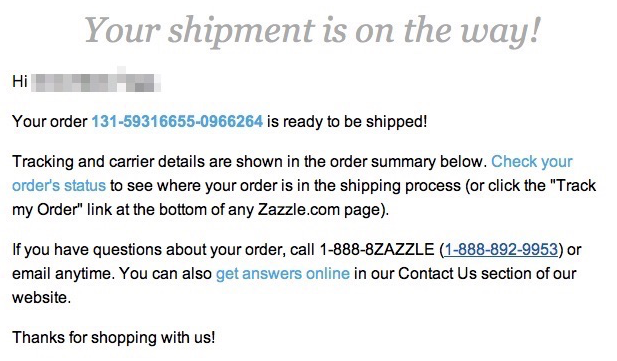 zazzle shipping email