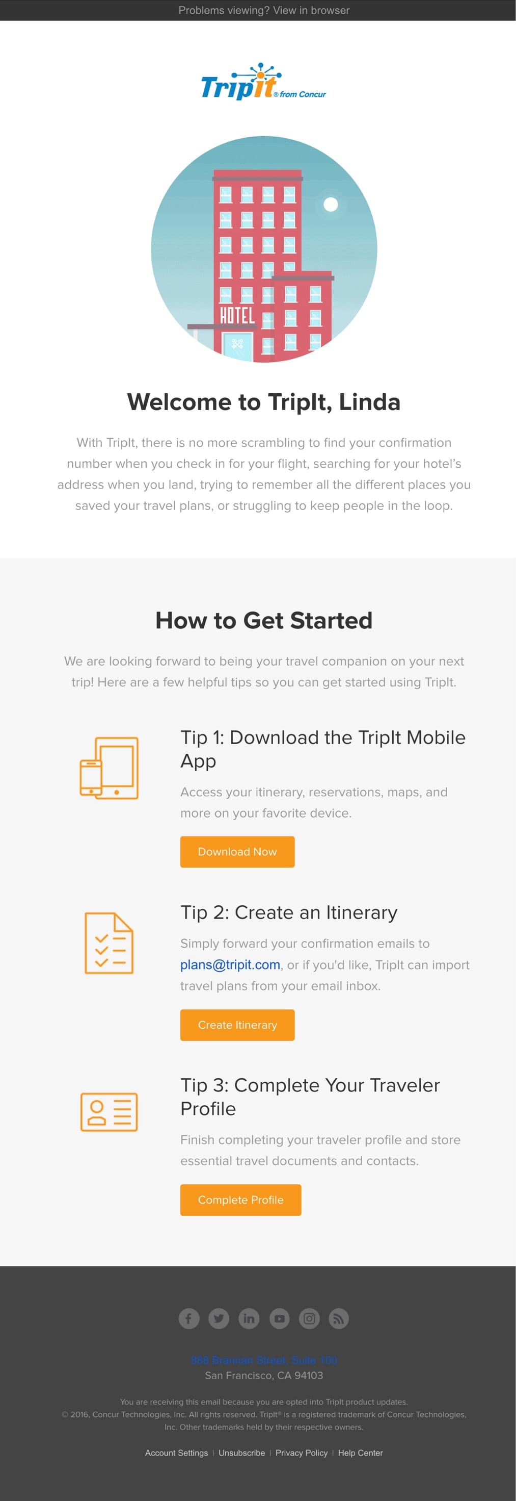 welcome email example tripit