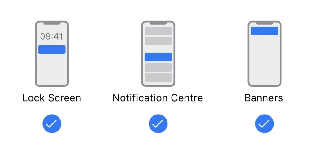 mobile push notifications alerts are presented in three locations