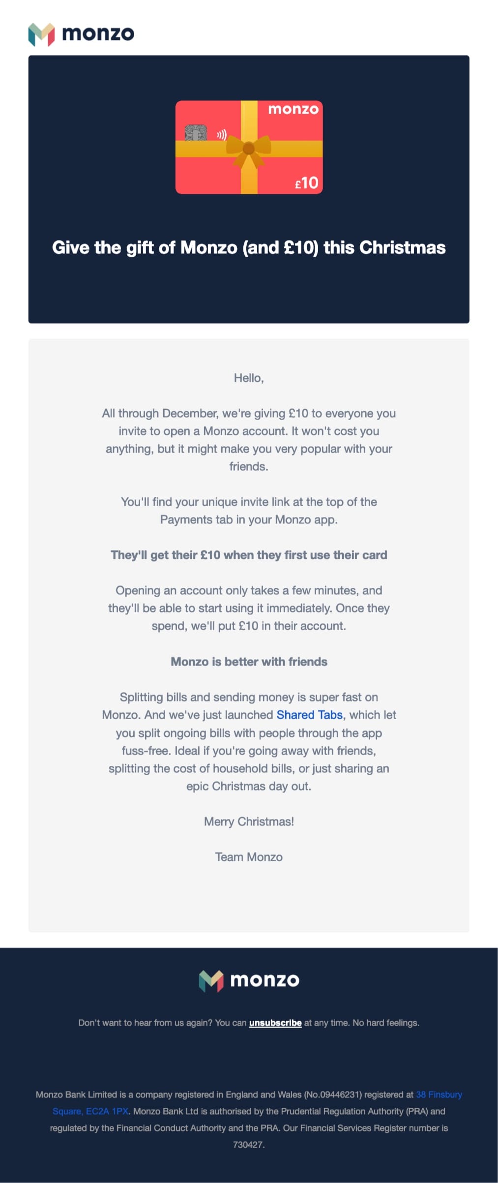 email example monzo (holiday offer)