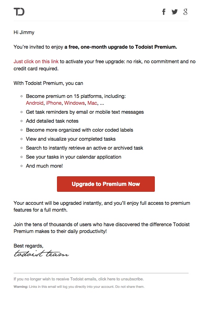 promotional email example todoist (upgrade email)