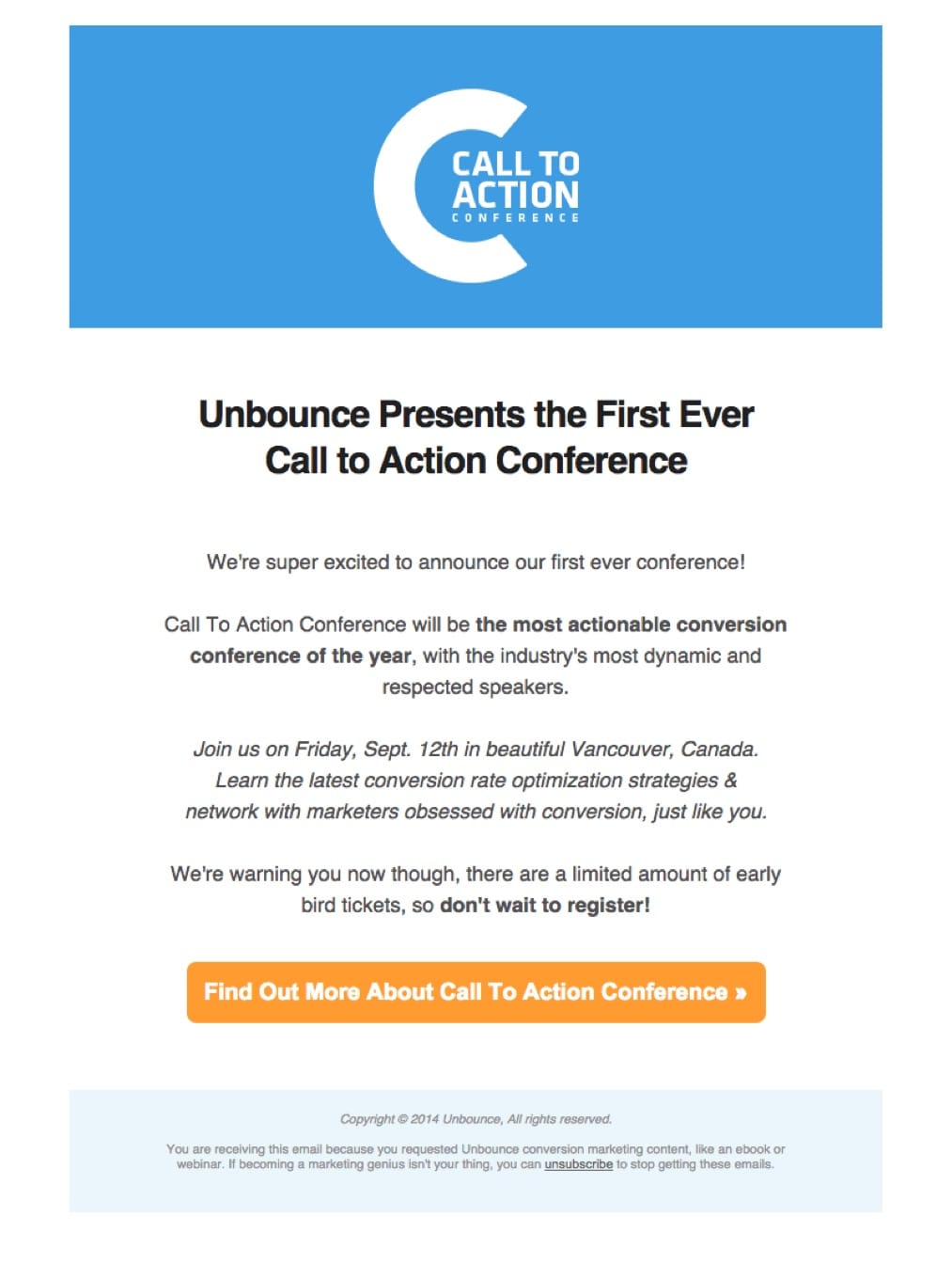 promotional email example unbounce (event announcement)