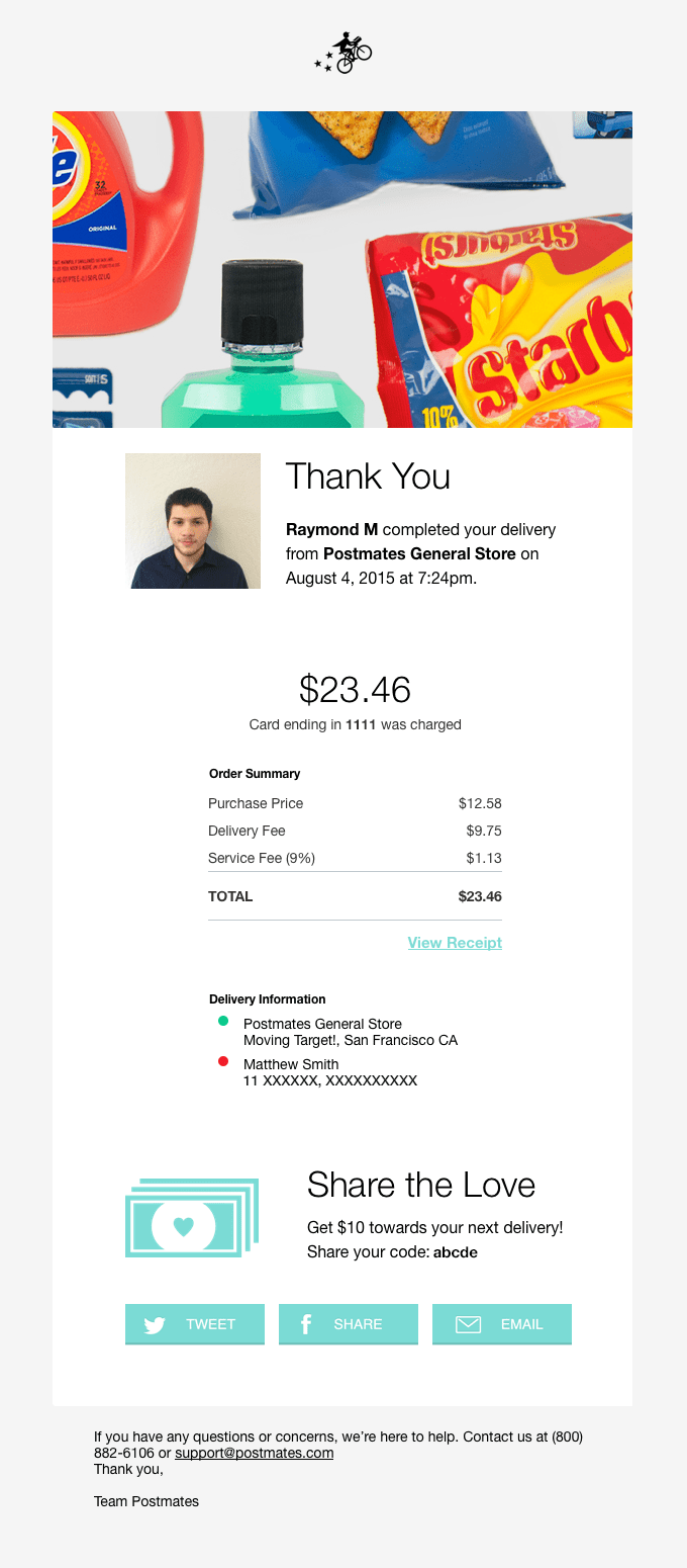 transactional emails delivery confirmation postmates general store