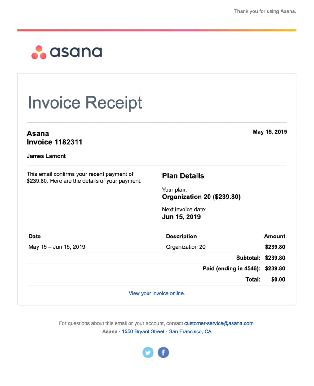 transactional emails invoice asana