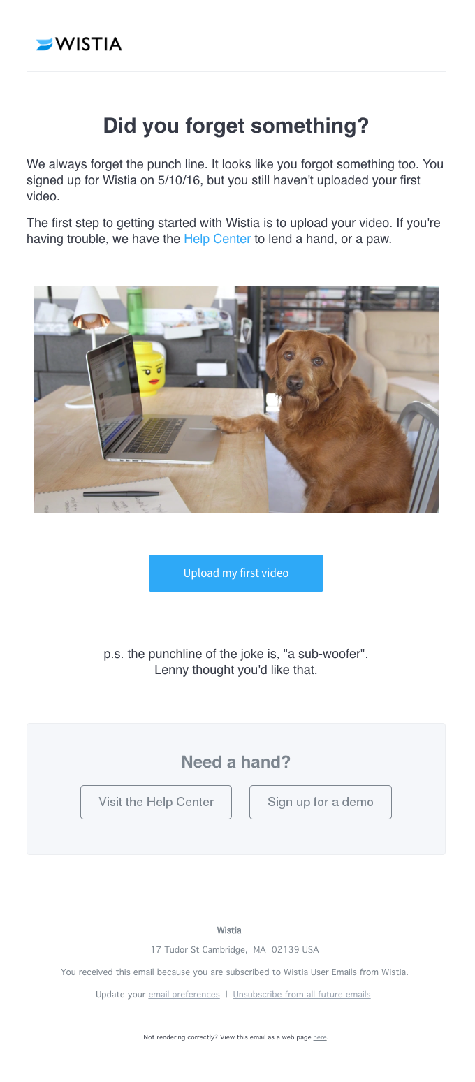 Wistia customer onboarding email feature
