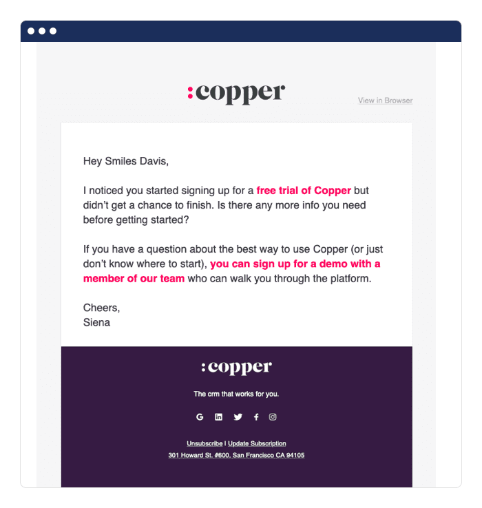 Copper free trial email example