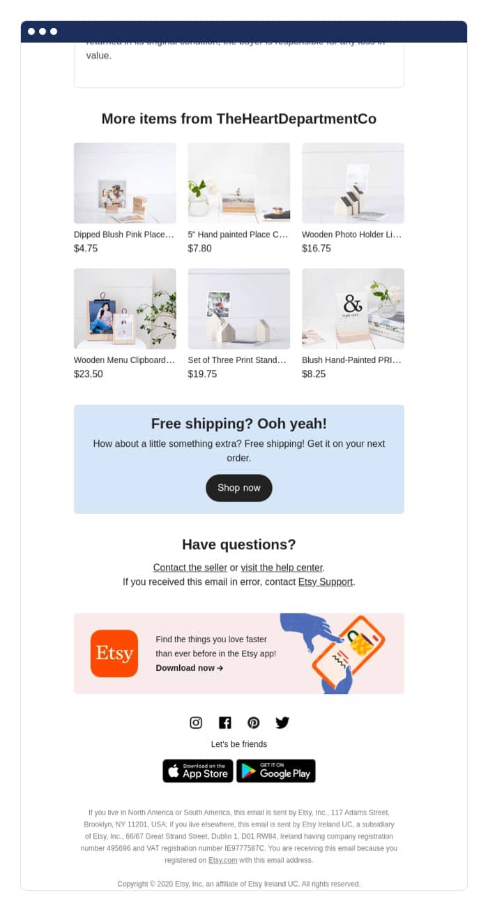 Etsy post-purchase email example