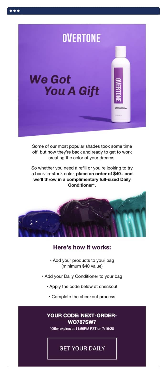 Overtone post-purchase email example