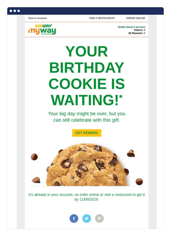 Subway reward email example