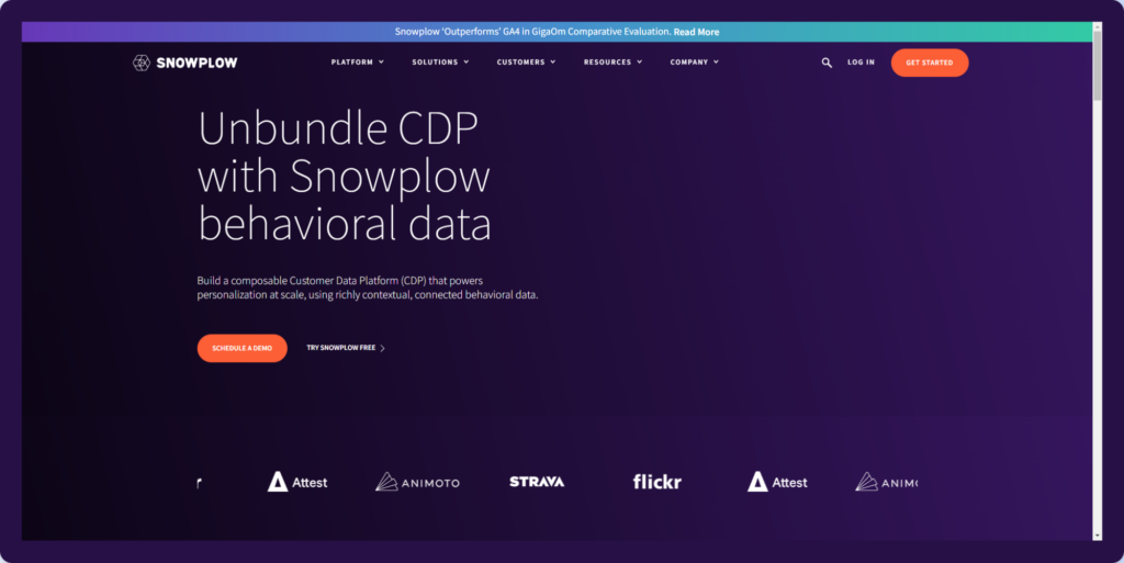 A screenshot of the Snowplow homepage