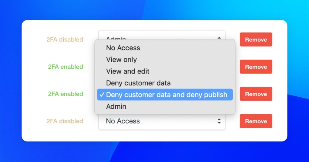 Dropdown with team role option to deny access to customer data and deny access to publish campaigns